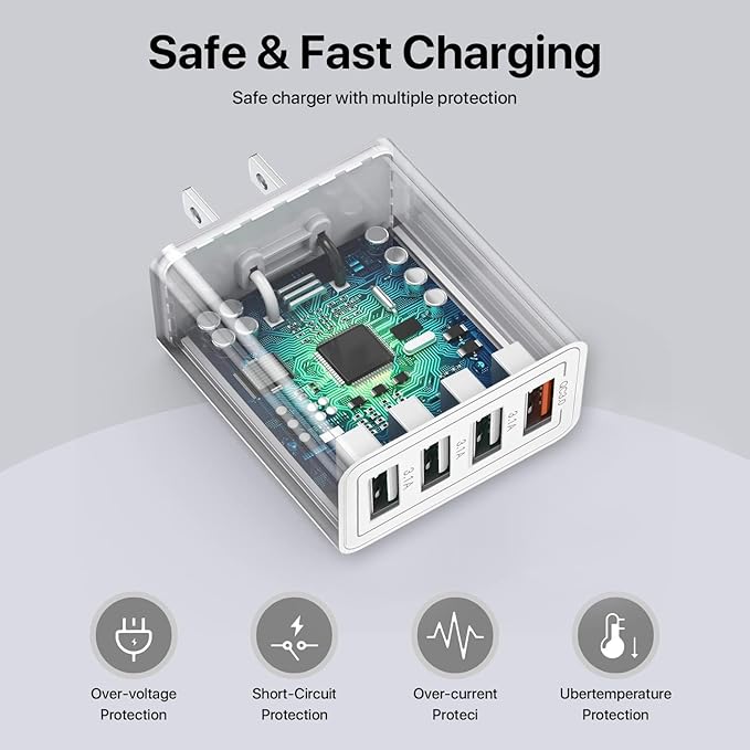 USB Charger, 4 Port USBA Wall Charging Block, Fast Charge QC 3.0 Plug Adapter - Image 5