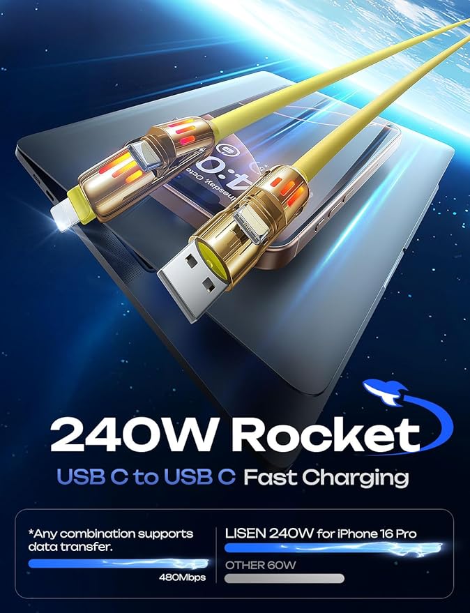 LISEN 6.6FT 240W 4-in-1 Multi Charging Cable, USB A/C to C/L, - Image 4