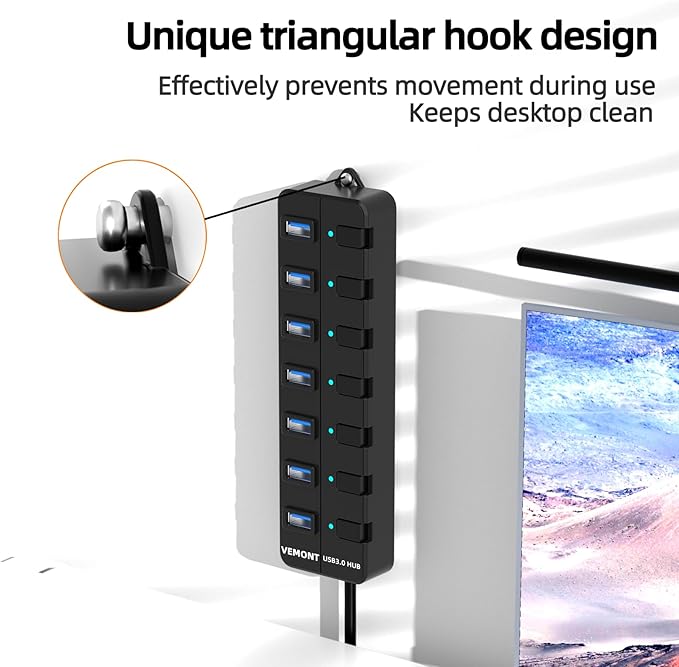 USB hub, 7 Port USB 3.0 Hub, VEMONT USB Splitter - Image 5