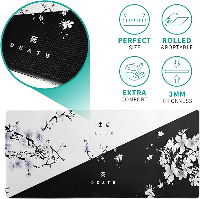 Black and White Japanese Cherry Blossom Gaming Mouse Pad Sakura Death Life - Image 5