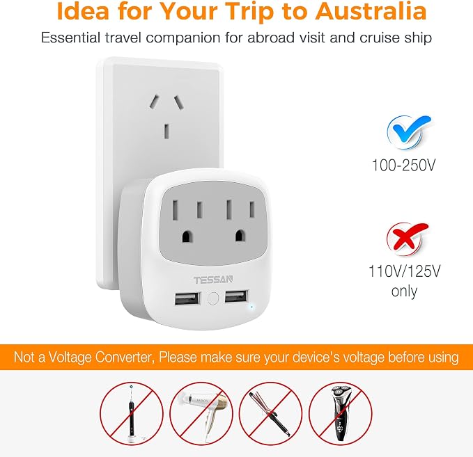 TESSAN New Zealand Australia Plug Adapter, Type I Travel Adaptor - Image 5
