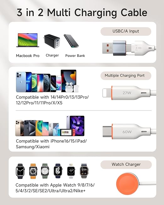 for Apple Watch Charger, 3-in-2 Silicone Multi Charging Cable Travel Fast - Image 2