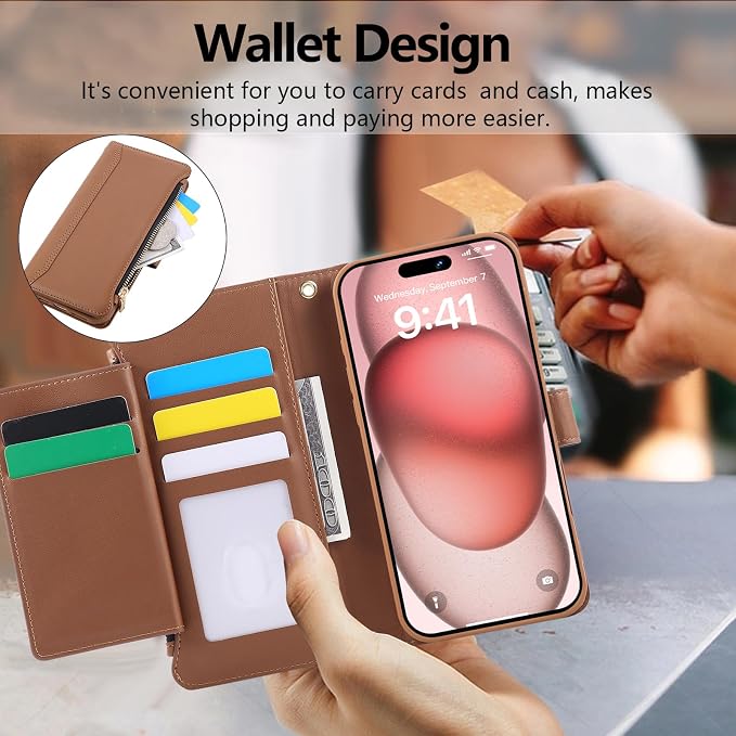 Compatible with iPhone 15 Wallet Phone Case-PU Leather Magnetic Flip Cover with - Image 4