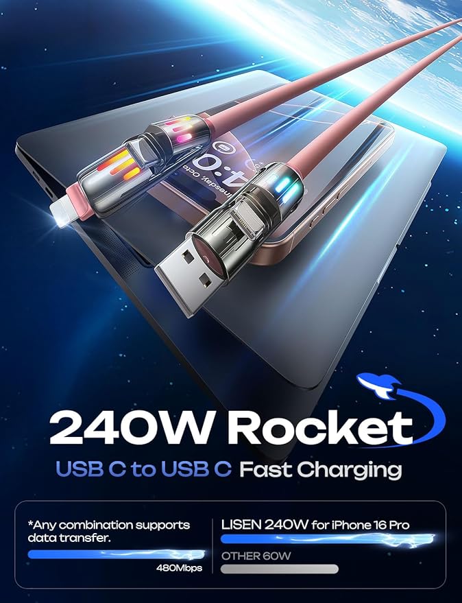 LISEN Pink iPhone Charger Cable, 240W Chubby USB C, 4 in 1 Charging Cable - Image 3