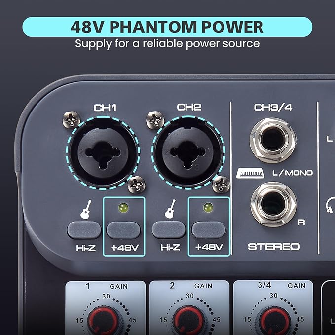 4 Channel DJ Audio Mixer, DJ Mixers Sound Board, Sound Mixer Board XLR 1/4" - Image 3