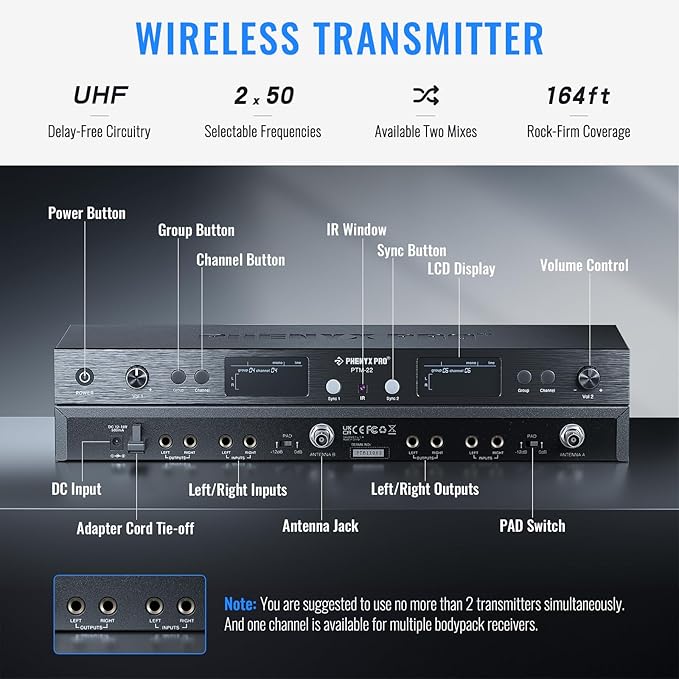 Phenyx Pro UHF Mono Dual Wireless in-Ear Monitor System, Metal Wireless IEM - Image 2