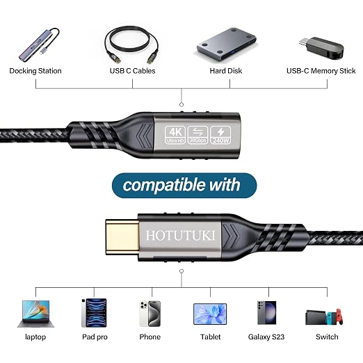 USB-C Extension Cable 6.6ft, 20Gbps Data Transfer, 240W Charging, Male to - Image 6