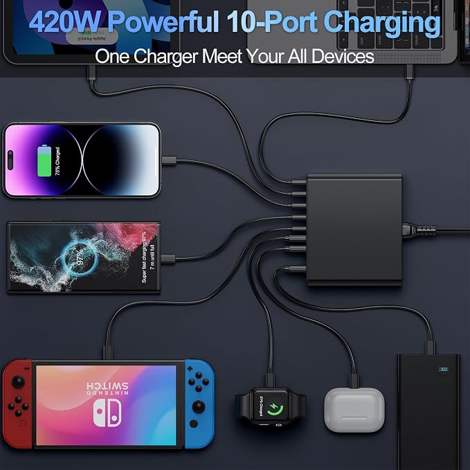 420W USB C Charger Block, 10-Port Charging Station GaN Fast Charging Type C & - Image 4