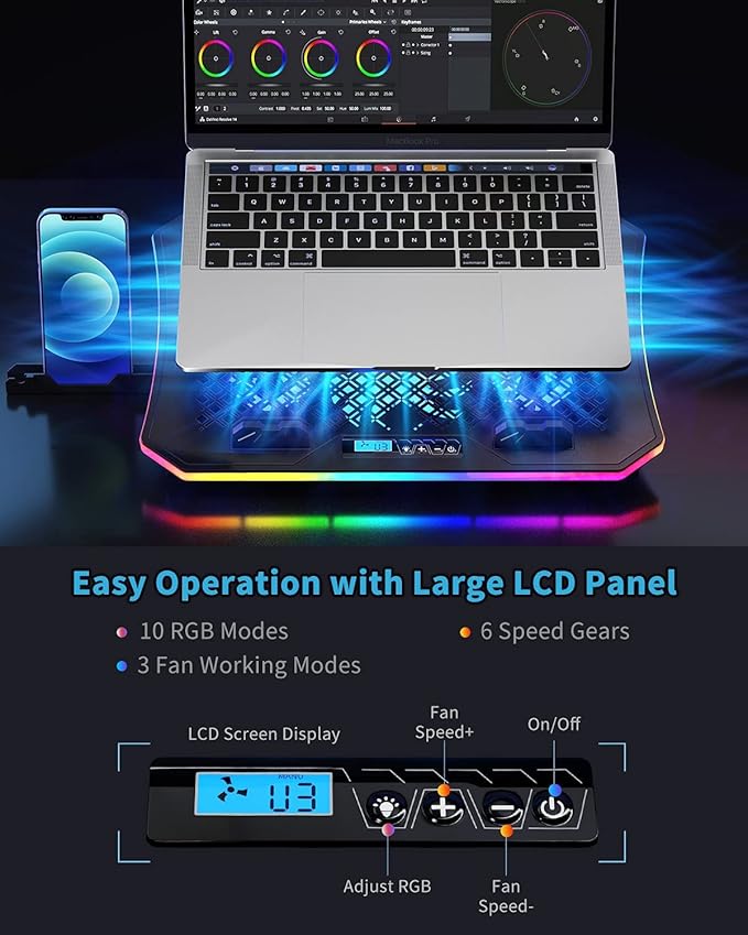 KeiBn Upgarde Laptop Cooling Pad, RGB Lights Laptop Cooler 6 Fans - Image 3