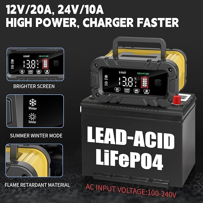 E-FAST 20A Smart Car Battery Charger, 12V 24V Maintainer & Desulfator - Image 2