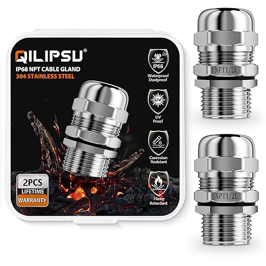 QILIPSU 2pcs 1/2" NPT 304 Stainless Steel Cable Gland Long Thread Waterproof by QILIPSU