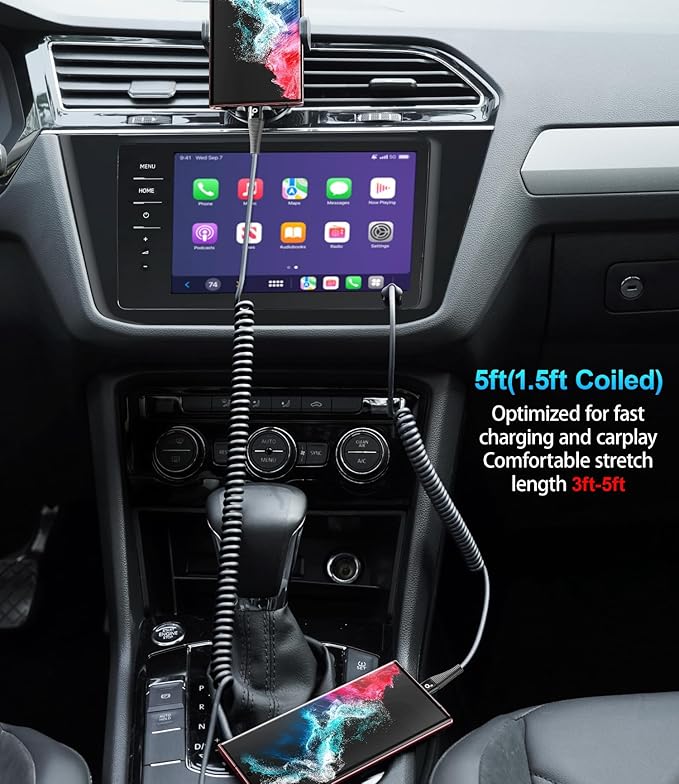 Coiled USB C to C Cable for Car 5FT, USB Type C Charger Cable Short USBC Fast - Image 4