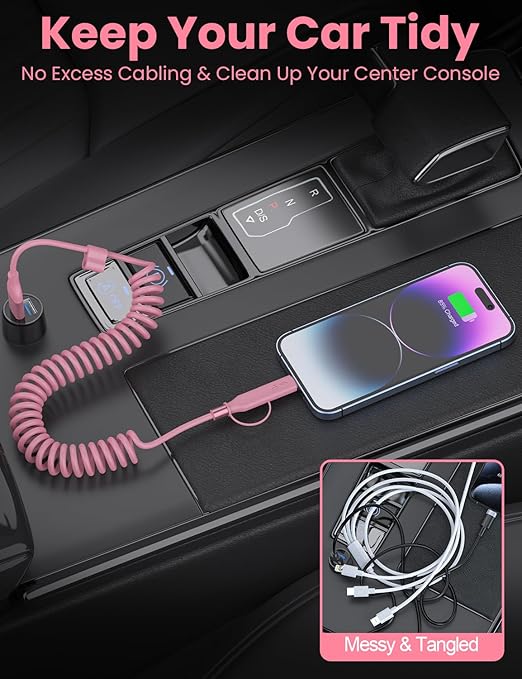 Coiled USB-C and Lightning Cable 2-in-1, 3FT Pink iPhone 15 16 Car Charger Cord - Image 5