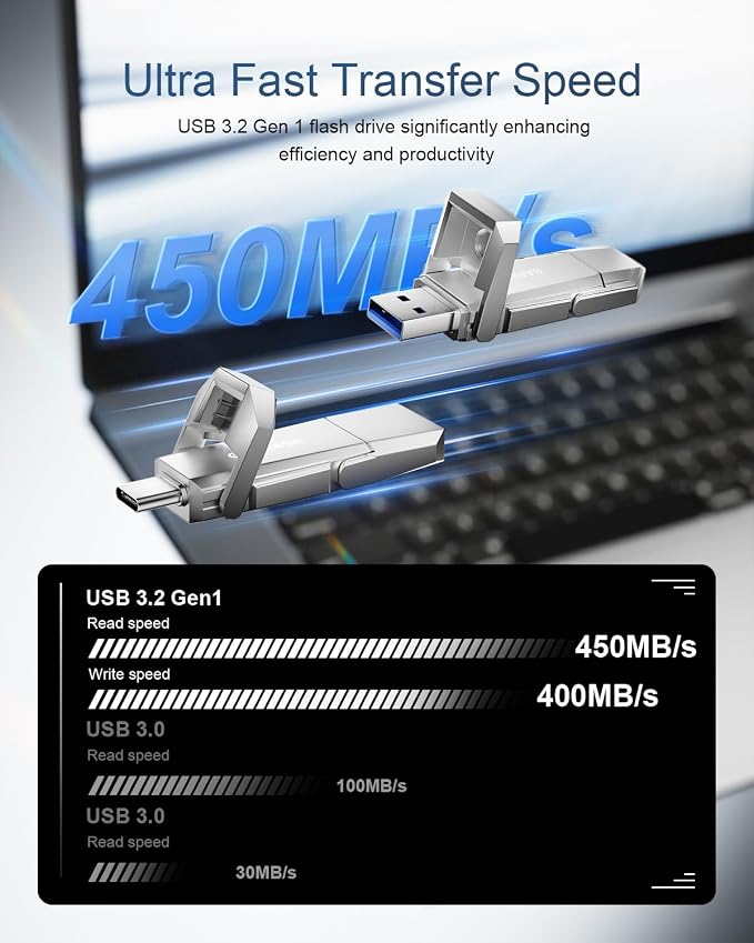 256GB USB C Flash Drive Up to 450MB/s USB 3.2 Solid State Thumb Drive Type-A + - Image 2