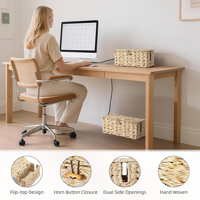 Delamu Handmade Synthetic Rattan Cable Management Box, Flat Weave Desk Organizer - Image 3