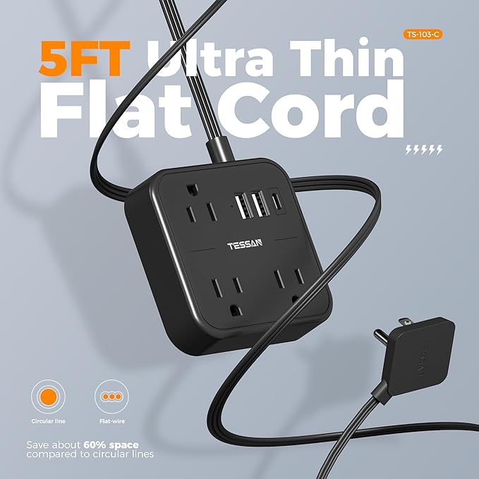 Surge Protector Power Strip, TESSAN Flat Extension Cord 5 FT - Image 3