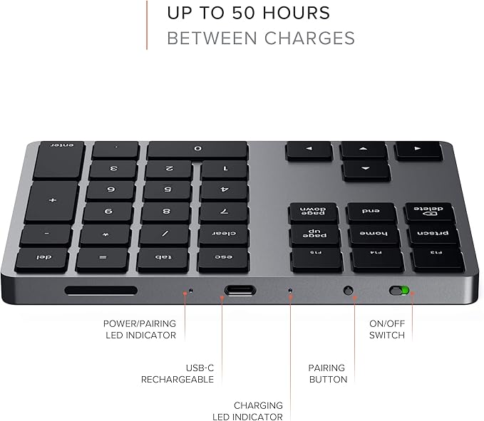 Satechi Bluetooth Extended Numeric Keypad, Slim Rechargeable 34-Key Numberpad - Image 3
