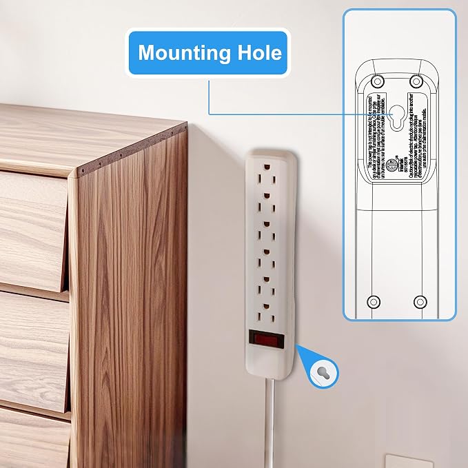 6-Outlet Surge Protector – 250 Joules, 2ft Cord, 1875W Max – Right Angle Plug - Image 3