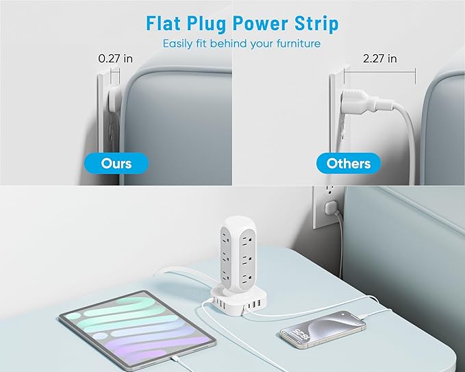 Flat Plug Power Strip Tower 10FT, 40W Total Fast Charging Station, Dual PD 20W - Image 4