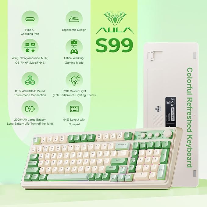 AULA S99 Gaming Keyboard, Wireless Computer Keyboards, Tri-Mode - Image 2