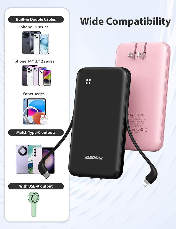 Alongza Portable Charger Built-in Cables and AC Wall Plug, Slim Fast Charging - Image 4