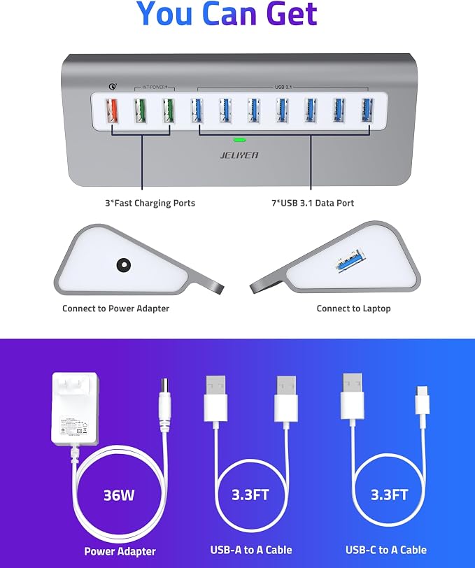 Powered USB Hub 10Gbps, 10 Ports USB 3.1 Gen 2 Hub Power Multiport USB Splitter - Image 2