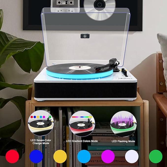 LP&No.1 Record Player with Built-in Stereo Speakers, LED Control, 3-Speed - Image 5