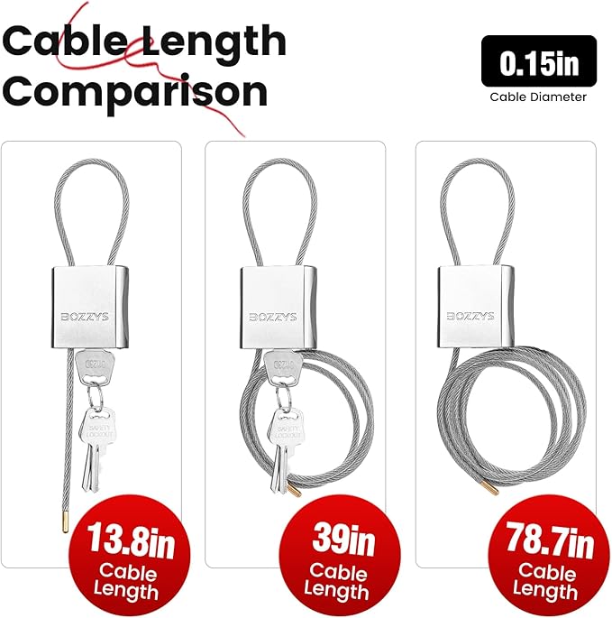 Cable Lock with 3 Keys | L 3.28ft, D 1/6in Adjustable Steel Cable Padlock | - Image 9