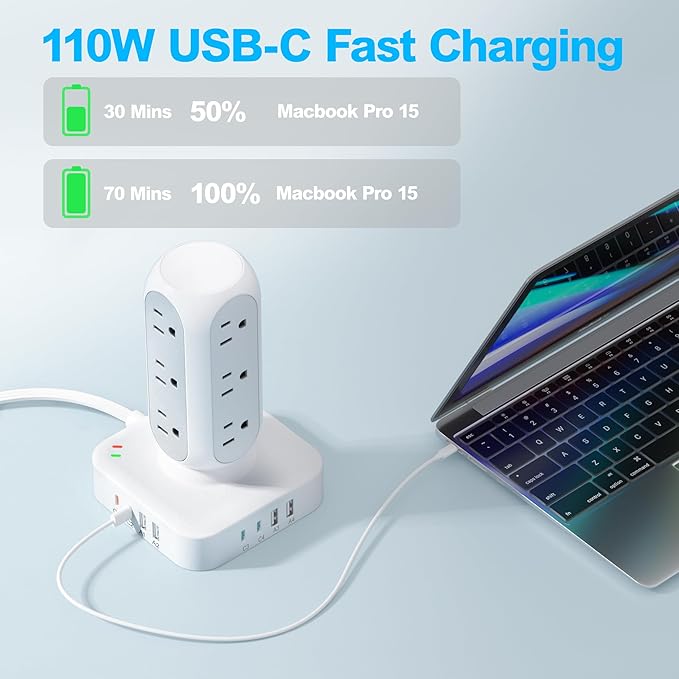 TenTrend 160W Fast Charging Station, Flat Plug Power Strip Tower - Image 2