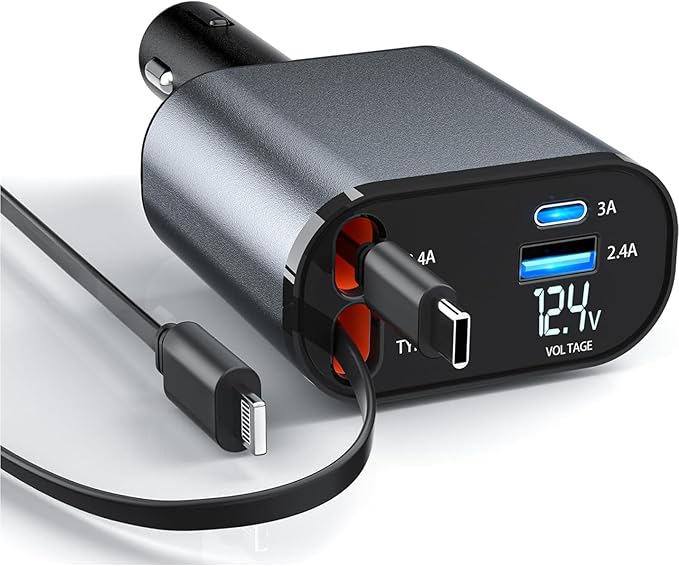 Retractable Car Charger，4 in1 Fast Car Phone Charger by ONEUPIN