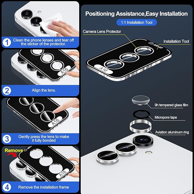for Samsung Galaxy A16 Camera Lens Protector, Individual Metal Ring Tempered - Image 6