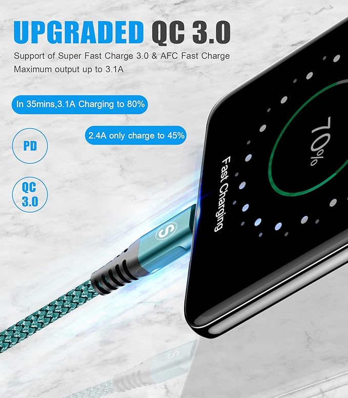USB C Cable 3.1A Fast Charging, sweguard USB-A to USB-C Charger Nylon Braided - Image 2