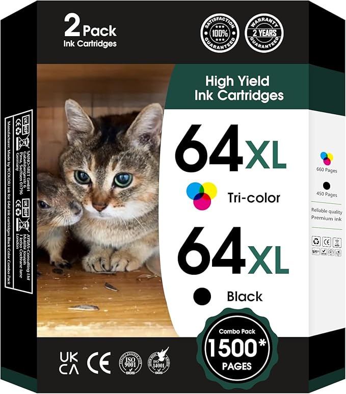 64XL Ink Cartridge for HP Ink 64 XL 64XL Black and Color Combo Pack High Yield by Fannster