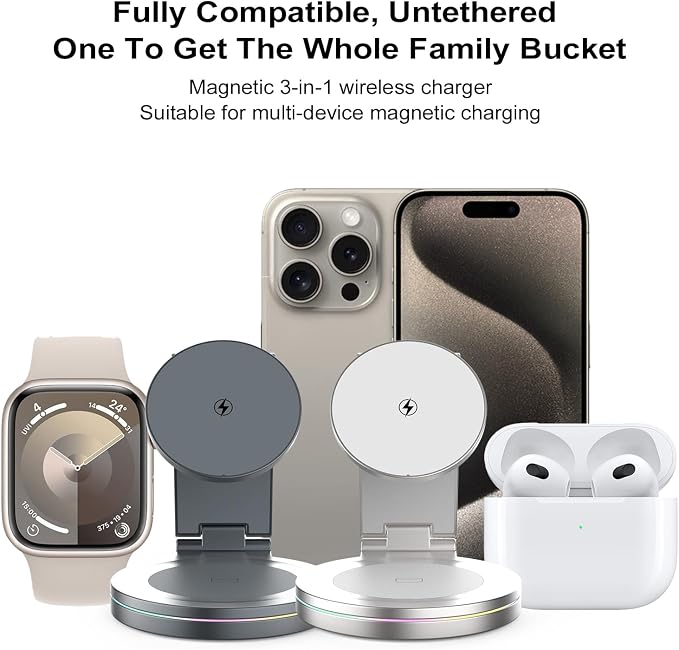 Foldable 360º Rotatable Zinc Alloy 3-in-1 Magnetic Wireless Charger, Charging - Image 6