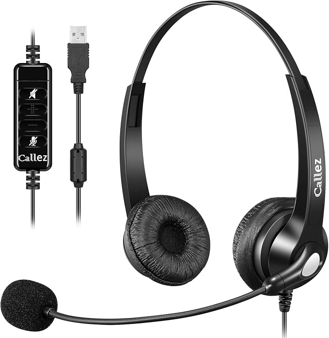 USB Headset with Microphone Noise Cancelling & Audio Controls, Stereo Computer by Callez