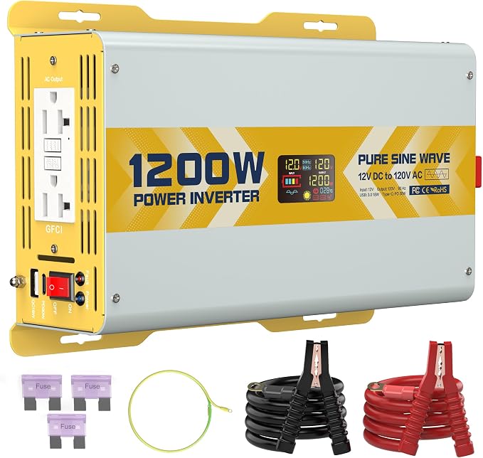 XWJNE 1200W Pure Sine Wave Power Inverter 12V DC to 120V GFCI AC Converter by Highwattpuresinewavepowerinverter