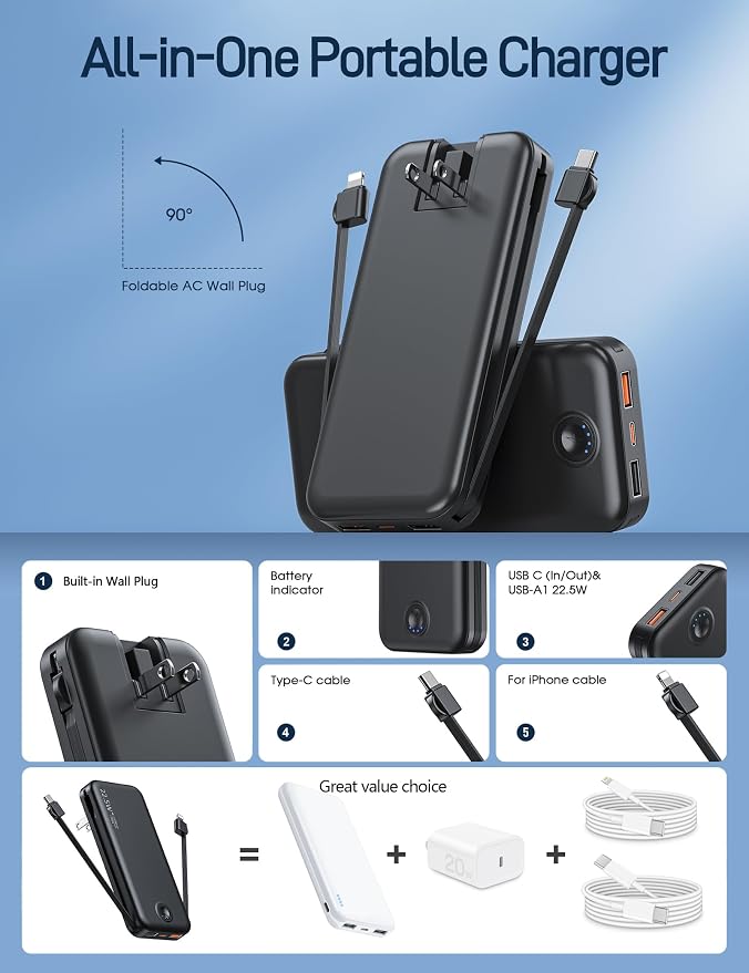 Portable Charger with Built in Cable and AC Wall Plug, USB C Power Bank - Image 2