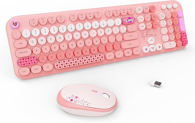 Wireless Keyboard and Mouse Combo, 104 Round Keys Full-Size Cute Colorful Pink by TT-FOPETT