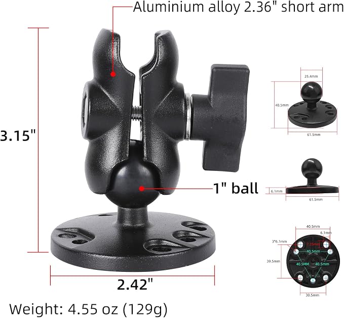 1" Ball Double Socket Arm with AMPS Hole Round Plate Base, Aluminum Alloy - Image 2