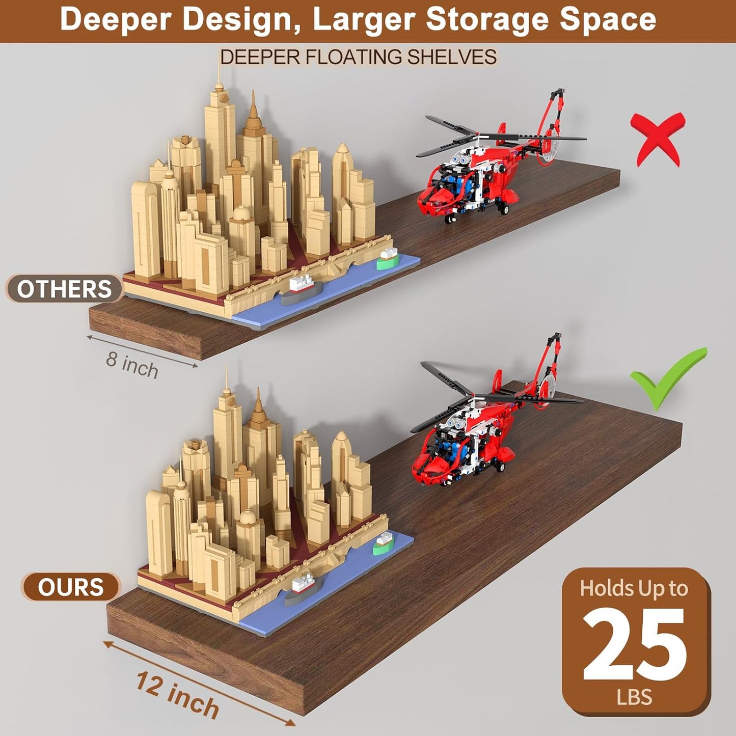 12 Inch Deep Floating Shelves for Wall 1 Pack Floating Shelves Large Storage Space Wall Mount Shelf for Living Room Kitchen Bathroom 36" W x 12" D x 1.2" H Walnut
