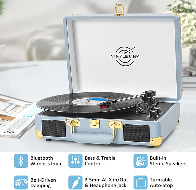 Vinyl Record Player 3-Speed Bass Control Bluetooth Suitcase Portable - Image 8