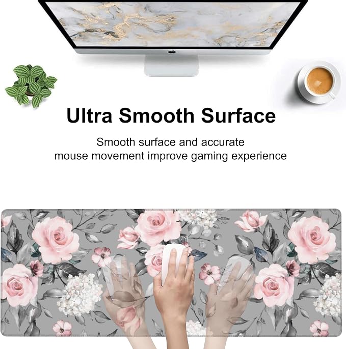 Pink Roses Desk Mat, Large Spring Blooming Flowers and Leaves Gaming Keyboard - Image 5