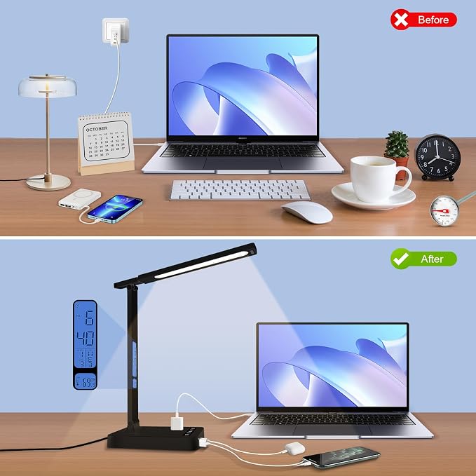 karidi Smart Desk Lamp with Digital Clock, 4-in-1 Charging Station, Temperature - Image 3