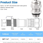 2 Pcs 1/4" NPT Stainless Steel Waterproof Cable Gland, IP68 Waterproof - Image 2