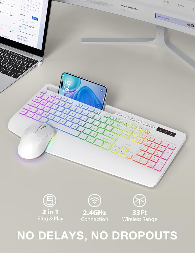 Wireless Keyboard and Mouse Backlits, Wrist Rest, LED Mouse, Rechargeable - Image 5