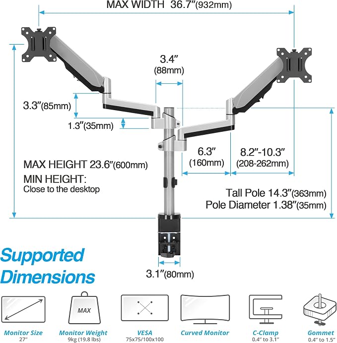AVLT Dual 13"-27" Stacked Monitor Arm Desk Mount - Image 2