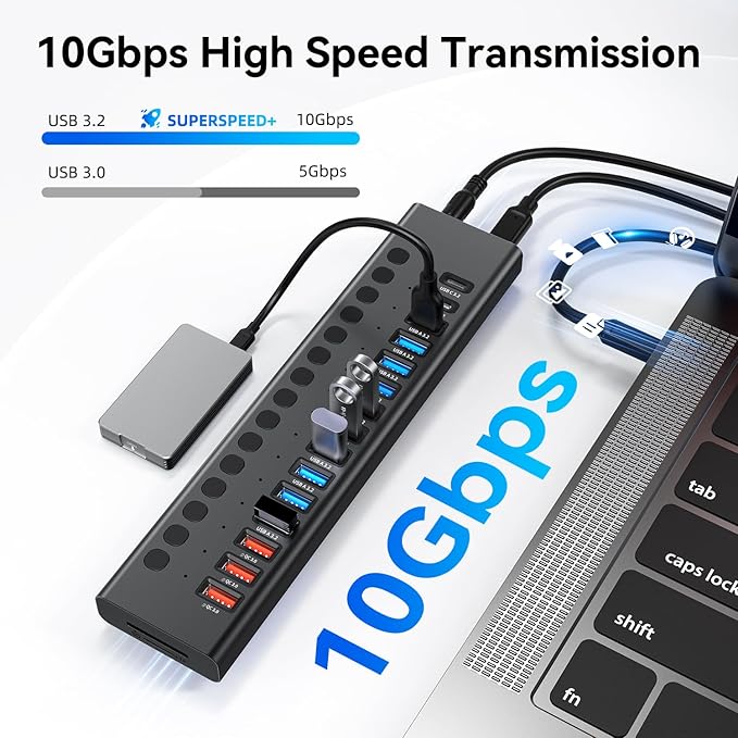 Powered USB Hub 10Gbps, 17 Ports 96W USB 3.2 Hub, 12V/8A Power Adapter - Image 3