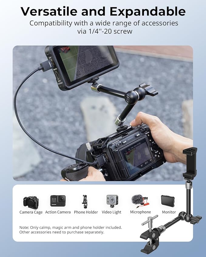 SMALLRIG Clamp w/ 1/4" and 3/8" Thread Holes, 9.8 Inches Adjustable Friction - Image 4