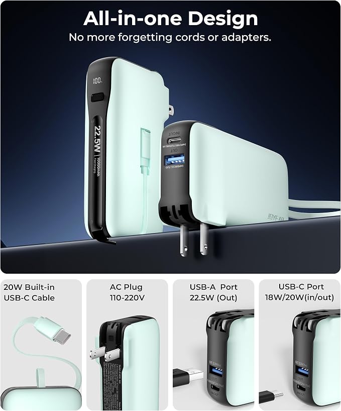 1 Pack Portable Charger with Built-in USB-C Cable & Plug, 000mAh 5V/4.5A Power - Image 2
