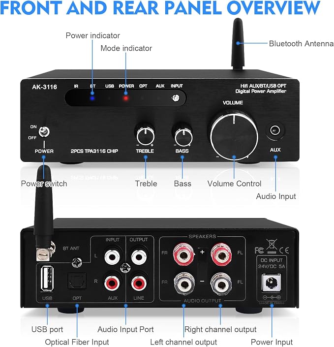 Amplifier Home Audio, Stereo Receiver Bluetooth 5.0 Power amp 100W x2 Wireless - Image 7